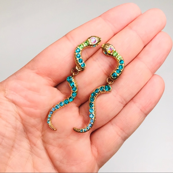 Betsey Johnson Snake Earrings Gold Blue Green - Picture 4 of 9